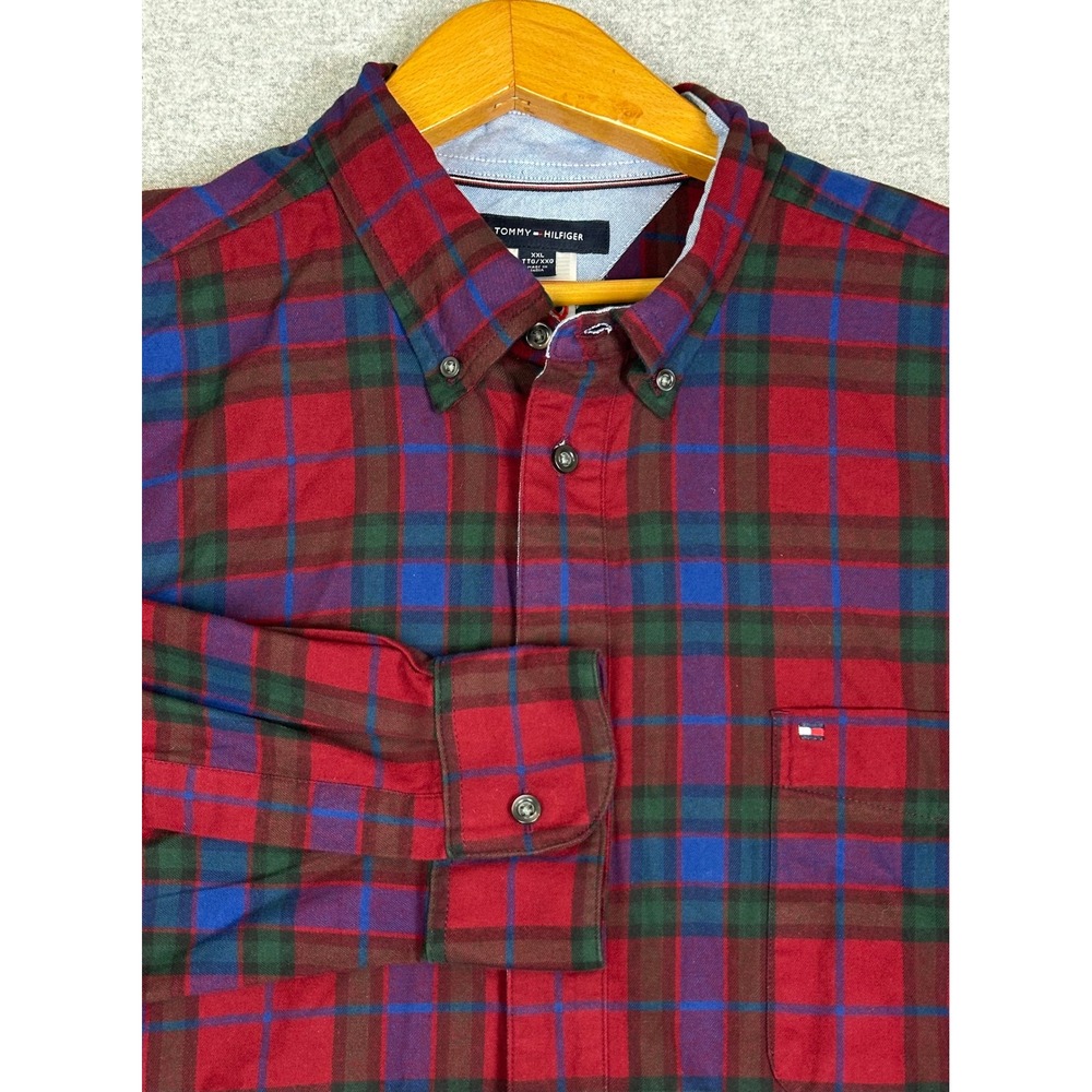 Tommy Hilfiger Button Down Flannel Shirt Mens XXL Red Blue Green Plaid